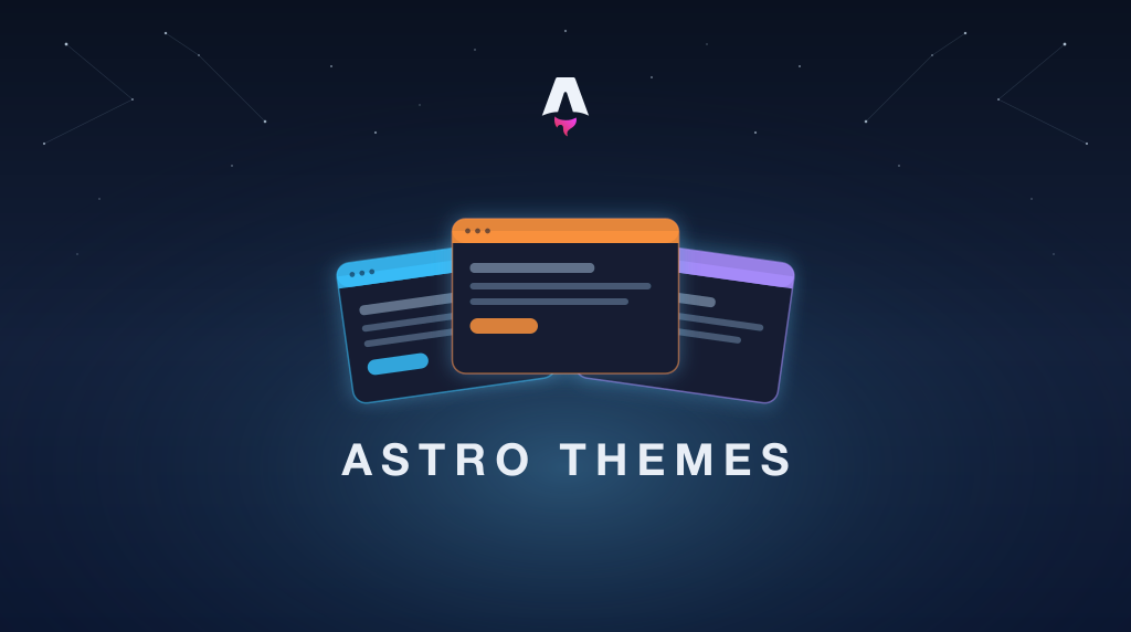 Three website template cards beneath the Astro logo