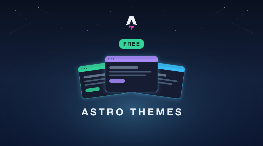 Three free website template cards beneath the Astro logo