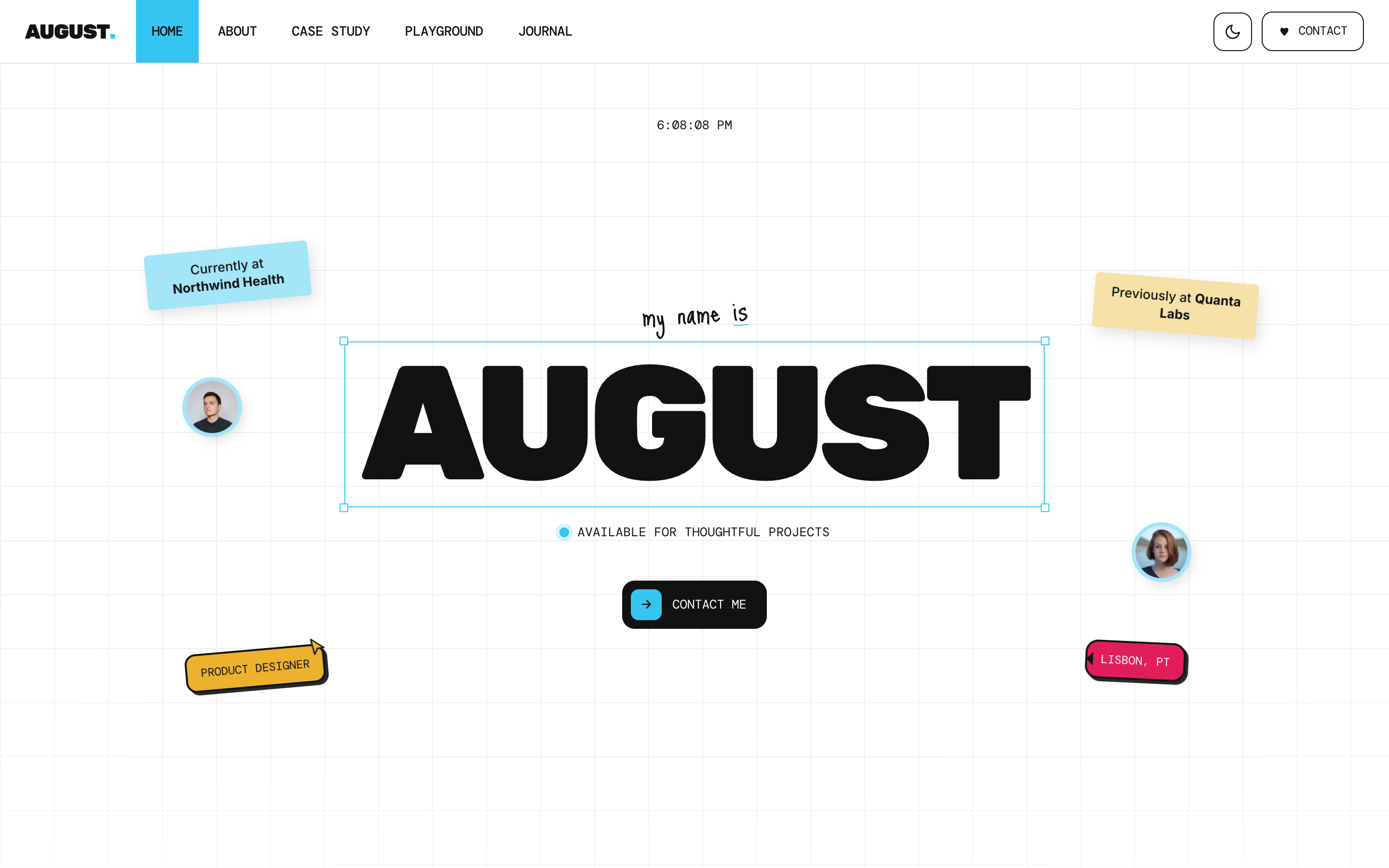 August - Design-canvas hero - grid, stickers, live clock