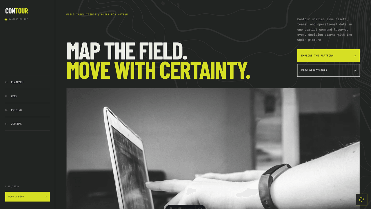 Contour - Homepage hero - fixed topographic surface, technical rail, oversized positioning, telemetry, and focused platform actions