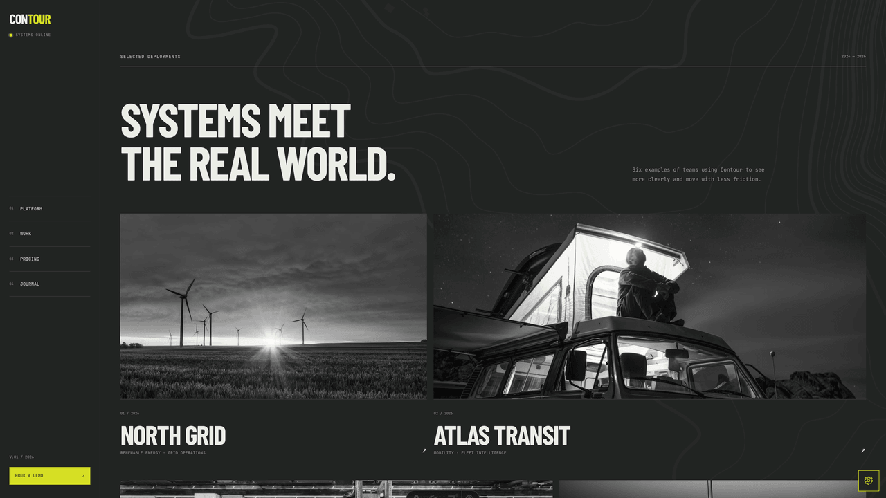 Contour - Alternating narrow-wide deployment portfolio linking to six complete generated case-study pages