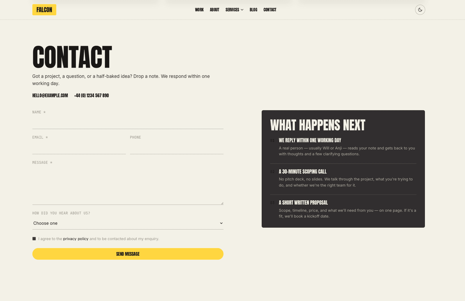 Falcon — Contact page — light theme variant