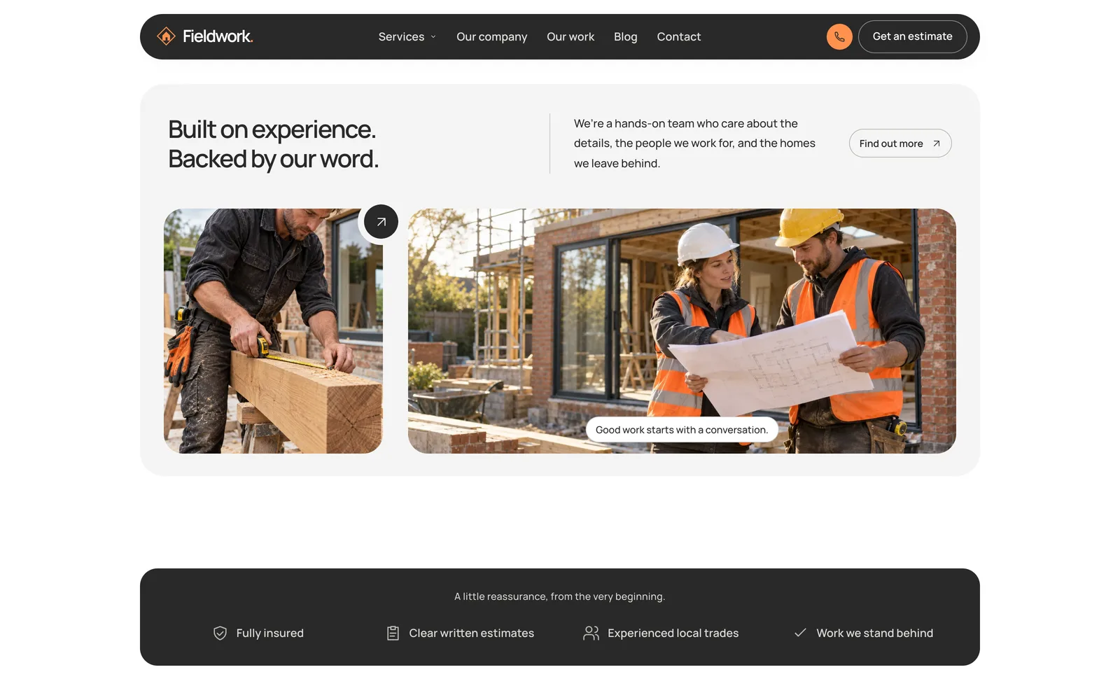 Fieldwork Next.js template - Company story and reassurance band