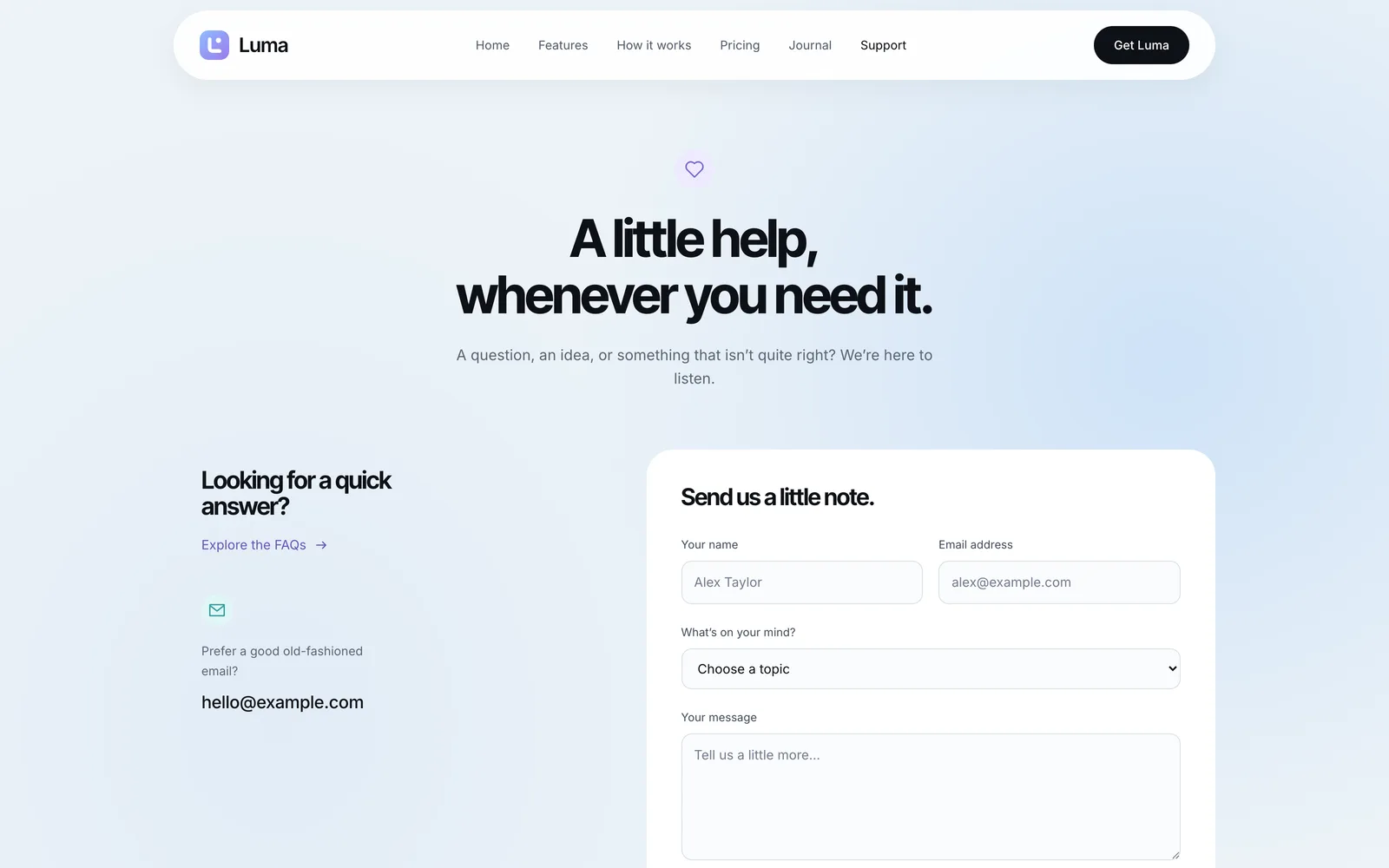 Luma - Support page and contact form