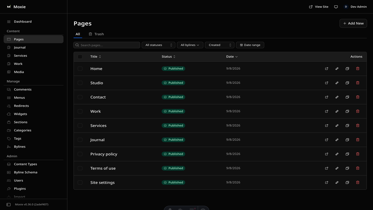 Moxie - One Pages collection: Home, Studio, Contact, Work, Services, Journal, Privacy, Terms and site settings