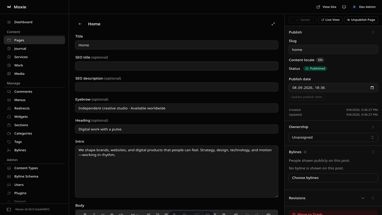 Moxie - EmDash CMS admin - every page, project, service and post is editable, with click-to-edit on the live site
