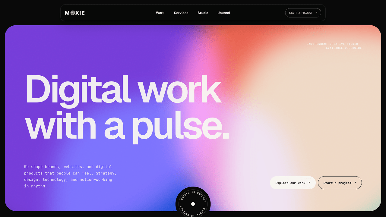 Moxie - Homepage hero - living color mesh, oversized positioning, and scroll-linked motion