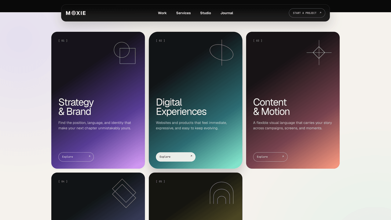 Moxie - Gradient service collection with individual visual marks and generated detail pages