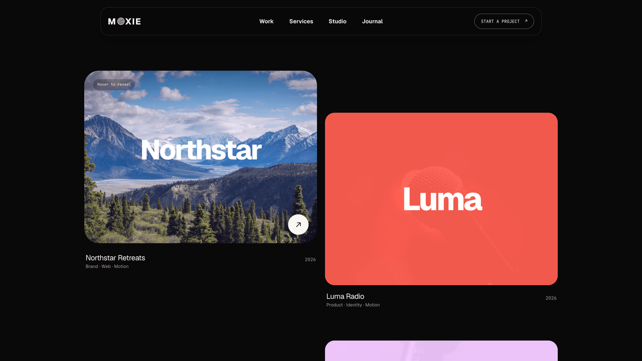 Moxie - Selected work collection with responsive project imagery and hover interactions