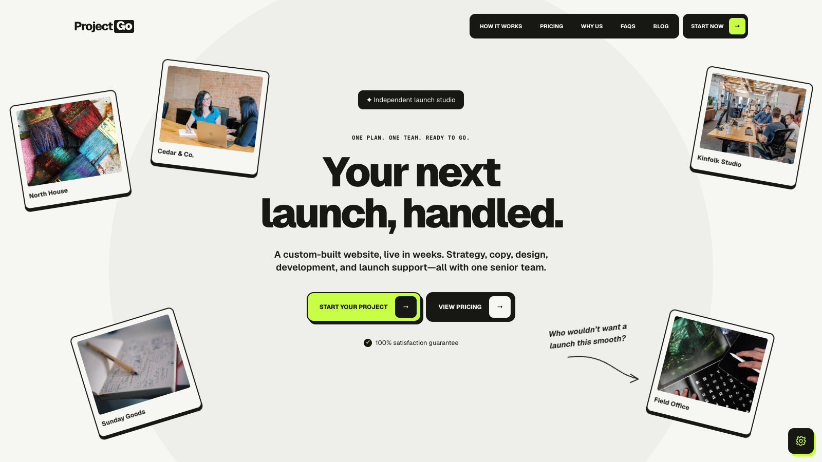 Project Go - Homepage hero - delayed polaroid entrance, oversized offer, launch actions, and scroll-linked card drift