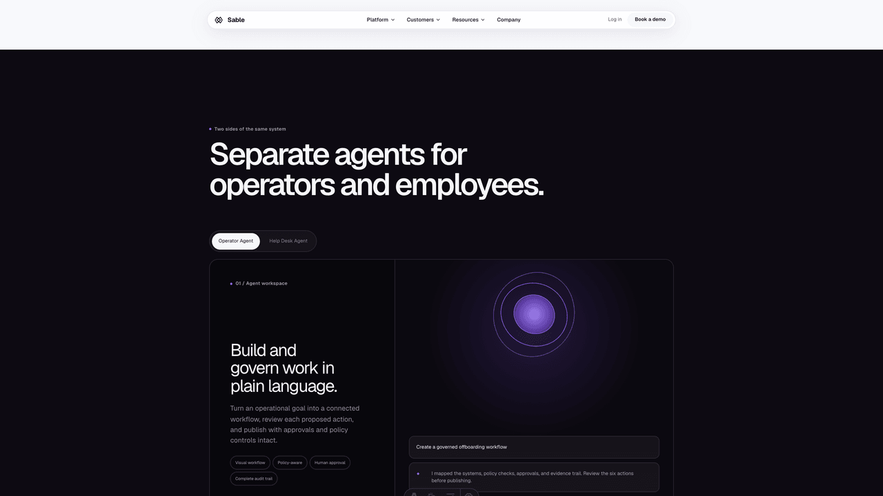 Sable - Dark use-case section with a continuous, seamless operational marquee