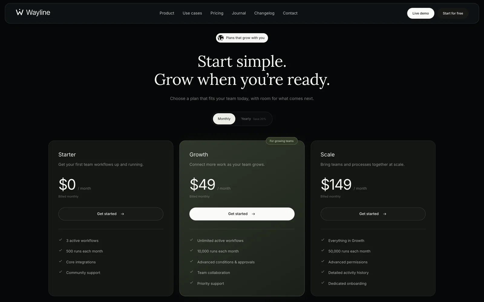 Wayline - Pricing with a monthly and yearly switch